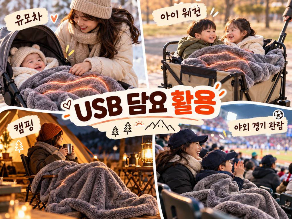 유모차와 아이 웨건, 캠핑, 야외 경기 관람에서 USB 담요를 사용하는 모습