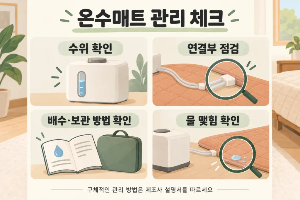온수매트 보일러의 수위 표시와 매트 호스 연결부를 점검하는 모습