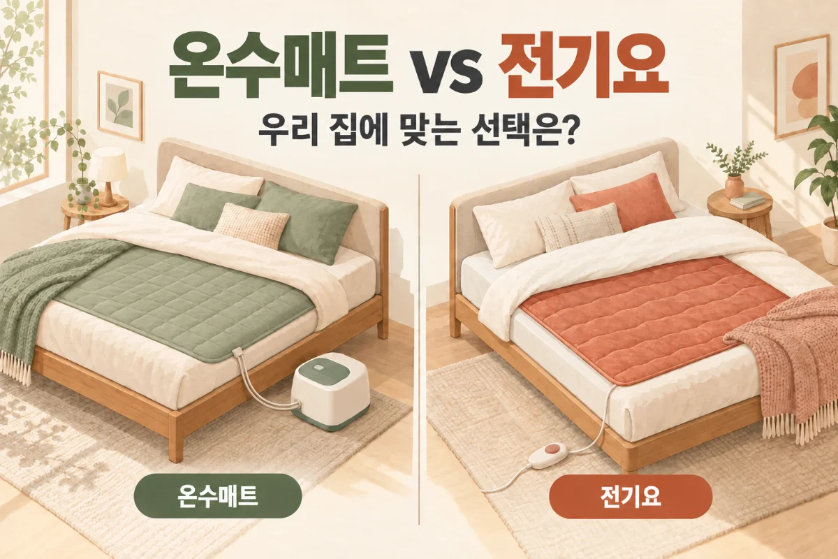 보일러가 연결된 온수매트와 조절기가 달린 전기요를 침대에 나란히 비교한 일러스트